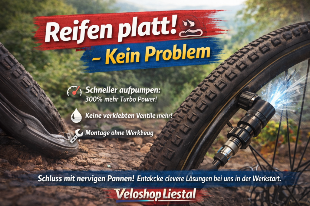 Werbebild mit dem Titel „Reifen platt! – Kein Problem“: Ein Fahrradreifen wird mit einem Ventilsystem schnell aufgepumpt, daneben ein platter Reifen am Weg – Hinweis auf schnelle Pannenhilfe und einfache Montage beim Veloshop Liestal.