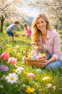 Frau mit Osterkorb auf einer blühenden Wiese, während im Hintergrund zwei Kinder Ostereier suchen.