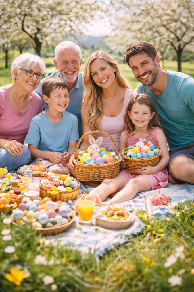 Mehrgenerationenfamilie sitzt an Ostern auf einer Picknickdecke im Grünen und hält Körbe mit bunten Ostereiern.