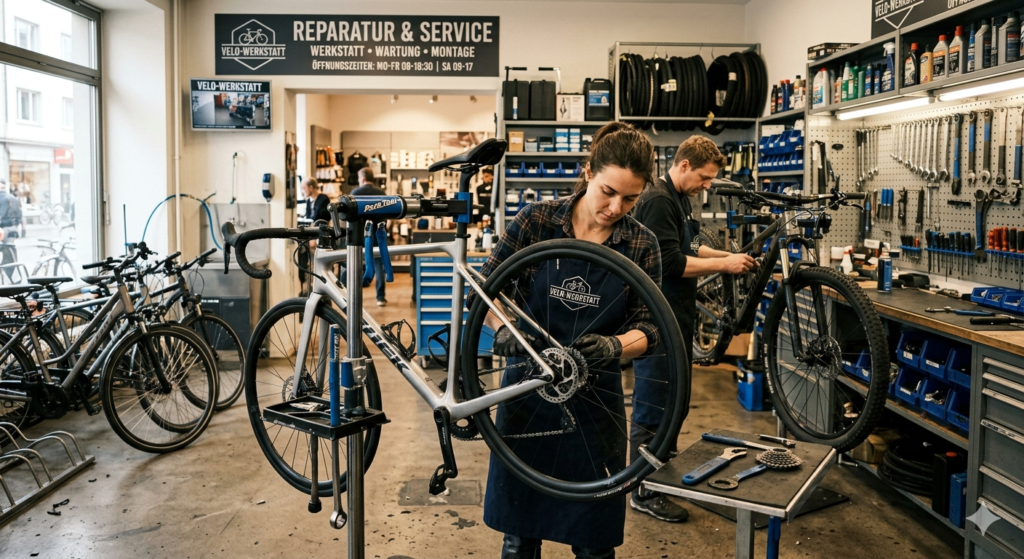 Ein Mitarbeiter macht den Service am Velo